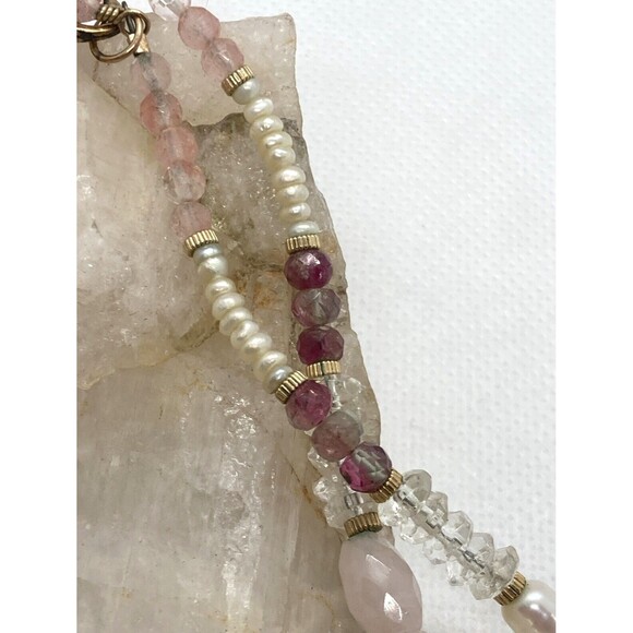 Vintage Rose Quartz Carved Mother of Pearl Tourmaline 18'' Necklace 14/20 GF 44g - Picture 8 of 9